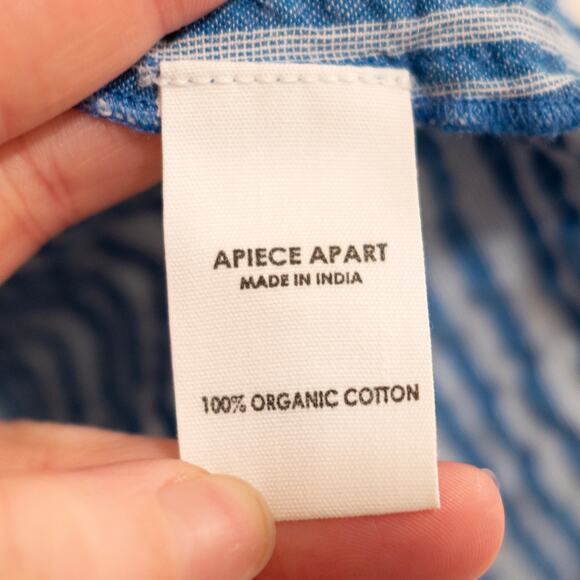 Apiece Apart Los Altos Top Blue Seersucker Stripe Puff Sleeve Henley SZ M - Picture 7 of 7